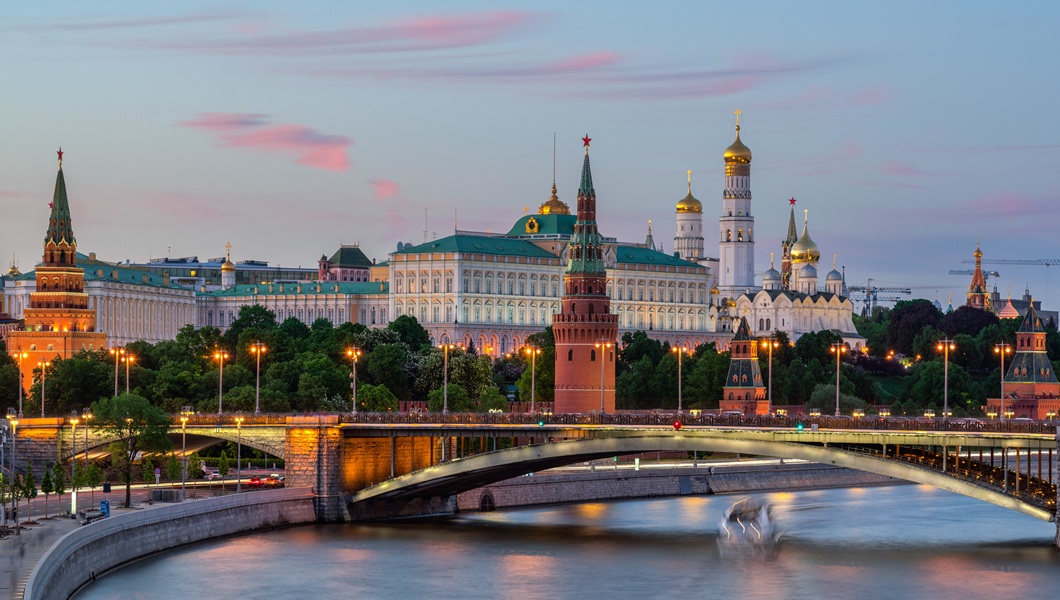 The Moskva River with long exposure near the Kremlin in the evening in Moscow, Russia